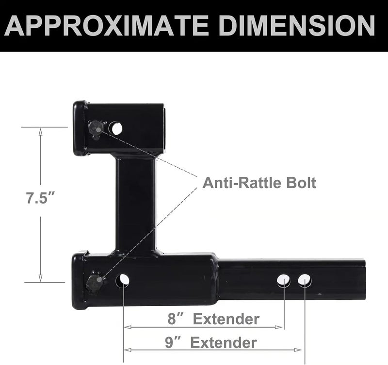 REYSUN 864131 Dual Hitch Receiver with 7-1/2 inch Rise/Drop, Receiver Hitch Extension with Hitch Pin & Clip, Fits 2 inch Hitch Receiver - Image 4